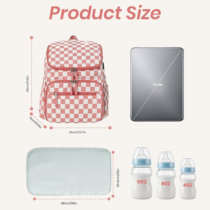 FHELAD Checkered Diaper Bag Backpack with Changing Pad & Stroller Clips | Baby Diaper Bag, Baby Shower Gifts, 4 Insulated Bottle Holders, Wet Wipe Pocket, Luggage Strap - Image 2