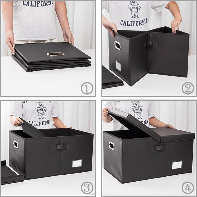 Collapsible Storage Box with Lid [3-Pack] Leather Fabric Foldable Storage Bin Organizer Container Basket Cube with Cover for Home Bedroom Closet Office Nursery Black(22.8X15.7X11.8) - Image 4
