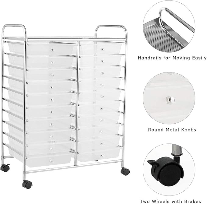Giantex Storage Drawer Carts, 20-Drawer Organizer, Utility Cart on Wheels, Semi-Transparent Multipurpose Cart for Home Office School Supplies Tools Scrapbook Paper - Image 7