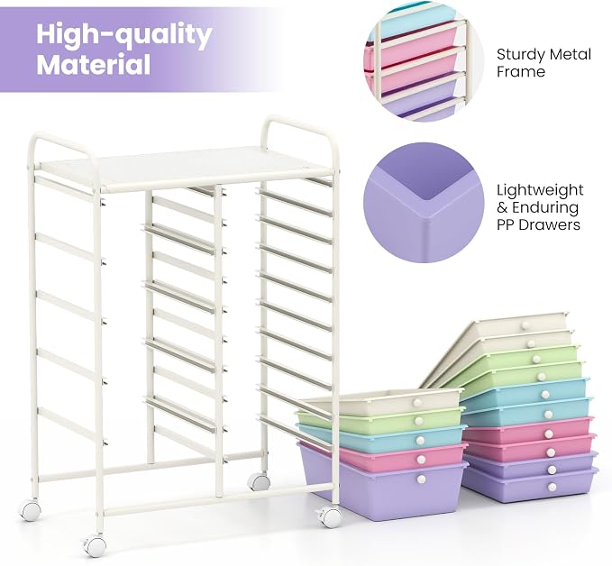 COSTWAY 15 Drawer Rolling Storage Cart, Mobile Storage Organizer | Removable Drawers & Metal Frame, Multipurpose Utility Tools Paper Organizer on Wheels for Home, Office (Ice Cream Colorful) - Image 5
