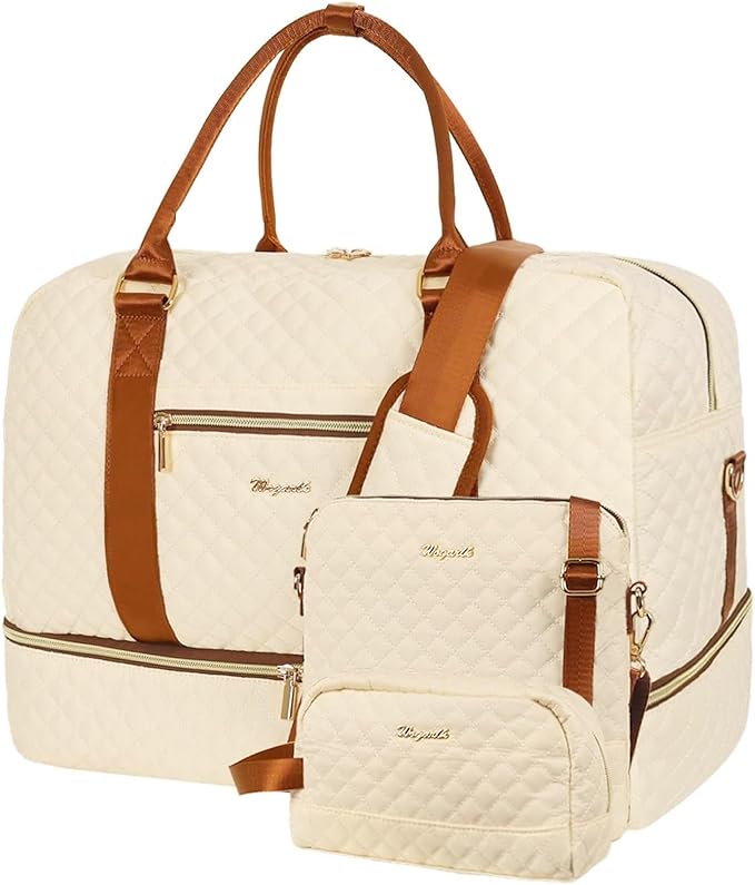 3PCS Weekender Bags for Women Large Overnight Bag, Beige | Weekender Travel Duffel Bags Carry on Shoulder with Shoe Compartment Toiletry Bag Satchel Bag for Travelling Business Gym by Wogarl