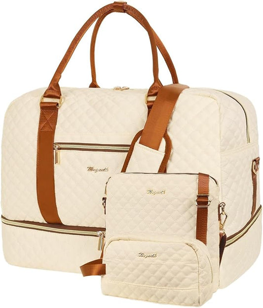 3PCS Weekender Bags for Women Large Overnight Bag, Beige | Weekender Travel Duffel Bags Carry on Shoulder with Shoe Compartment Toiletry Bag Satchel Bag for Travelling Business Gym by Wogarl