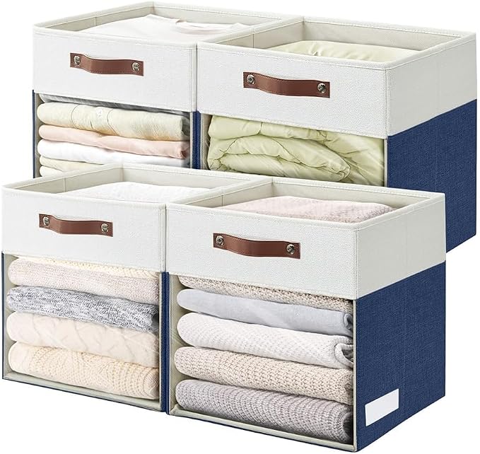 Storage Cubes, 4 Pack Linen Foldable Storage Bins (13 x 13 inch) with Clear Window and Handles, Fabric Organizer for Shelf Closet, Clothes, Books - (Navy Blue and White) by Bagnizer