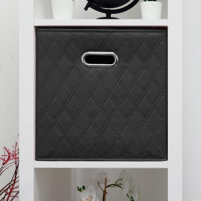 Small 11-inch Black Foldable Diamond Patterned Faux Leather Storage Cube Bins Set of Four with Handles with Dual Handles for living room, bedroom and office storage - Image 2