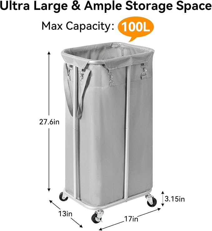 WOWLIVE 100L Rolling Laundry Basket with Wheels, Tall Laundry Hamper | Laundry Cart with Steel Frame and Removable Bag, Foldable Dirty Clothes Hamper for College Dorm, Laundry Storage, Grey - Image 4
