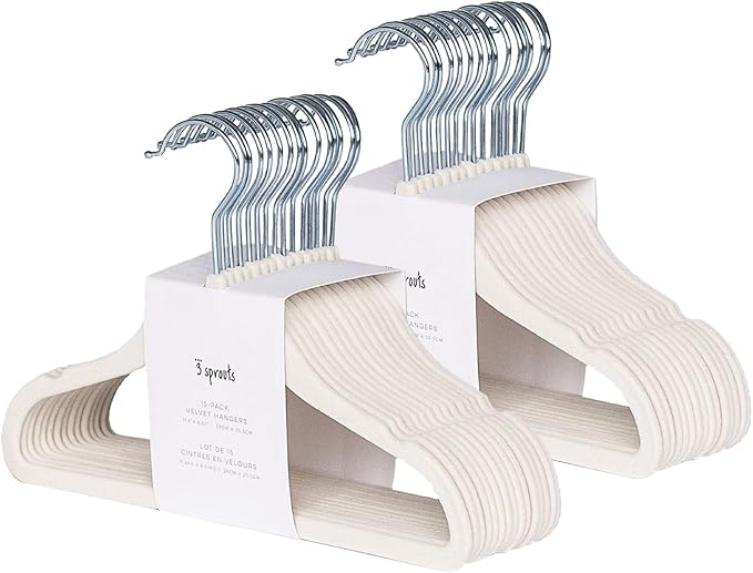 3 Sprouts Velvet Baby Hangers, Non Slip Slim, Cream, 30 Pack | Non-slip velvet, Notched shoulders, 360-degree swivel hook, 11.75 x 8 in, Infant and toddler clothes, Soft colors for nursery by 3Sprouts