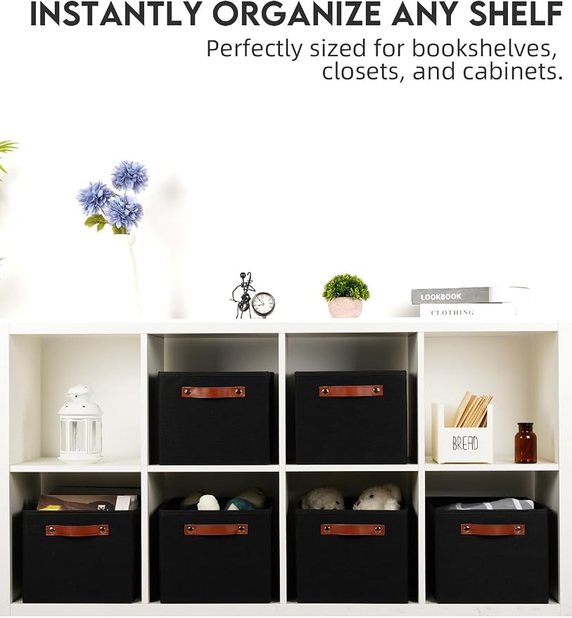 Fabric Storage Bins (15x11x9.5”) – Reinforced 2.5mm Cardboard Shelf Bins with PU Leather Handles – [6-Pack] Durable Storage Baskets for Closet Organization, Toy Organizer, & Home Office – Black - Image 4