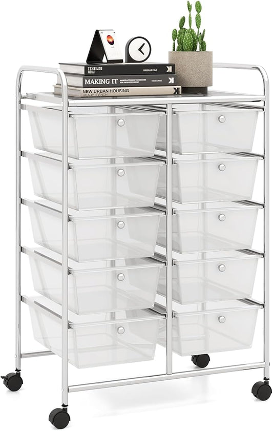 10 Drawer Rolling Cart, Storage Cart Organizer on Wheels, Drawer Cart with Metal Frame & Large Storage Capacity, Rolling Cart with Drawers for Living Room Classroom, Office by LDAILY