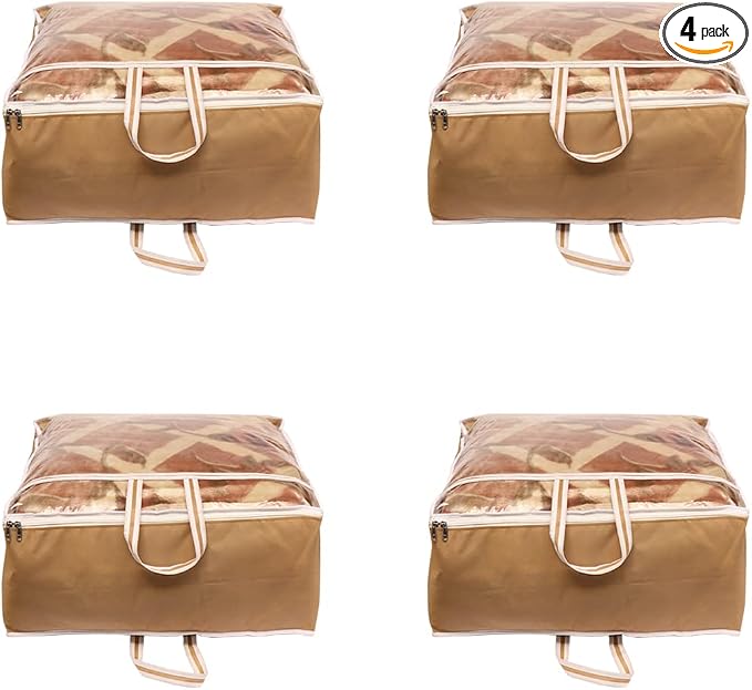 ANKIT INTERNATIONAL Garments Protect Clothes Organizer/Storage Bags for Blanket, Quilts & Rajai Storage Combo Pack of 04 with Dust Protection Front Clear window & Zip Closure (BEIGE,51 x 51 x 22 cms) by AI+ANKIT+INTERNATIONAL