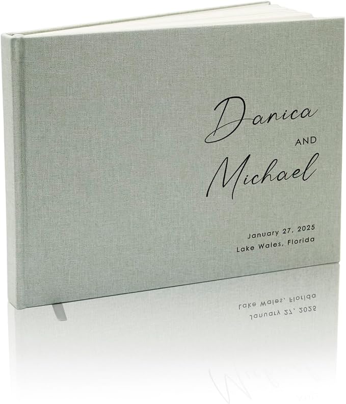 Personalized Linen Guest Book (Design 3) - 9 x 7.5 Hardcover Custom Wedding Guestbook Bride Groom Name Date Location Venue, Reception Ceremony Engagement Party Keepsake Signing Book w/ 120 Blank Pages by ModernAlbumDesigns