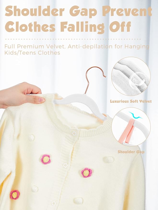 Kids Velvet Hangers 100 Pack, 14 Inch Non Slip Felt Hangers, White | Premium Kids Hangers for Closet Storage, Space Saving Toddler Clothes Hanger for Youth's Childrens' Clothes (Rose Gold Hook) - Image 3