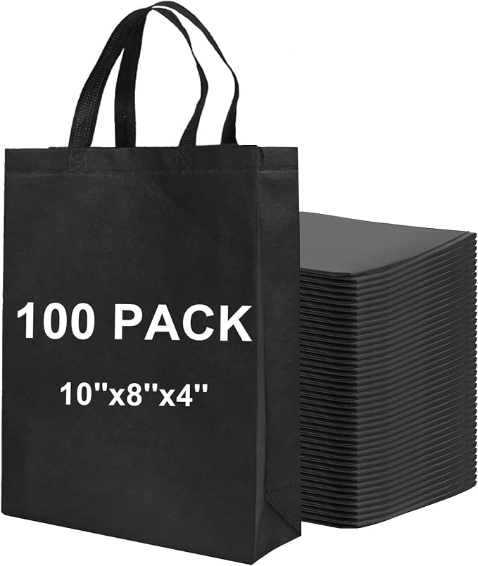 Non Woven Bags Bulk 100 Pcs Black Reusable Tote Bag Handle | 10x8x4 Inch Grocery Shopping Bags, Portable Gift Wrap For Merchandise Events Parties, Boutique Retail Store Supply Pack by Voittozege