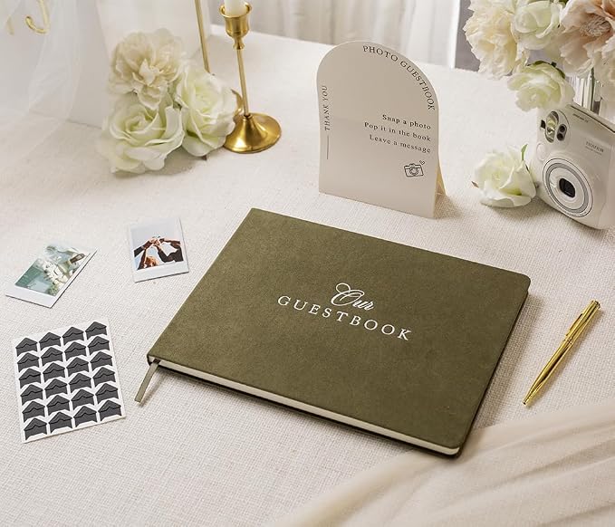 Velvet Photo Guest Book Set (Olive) - Photo Corner Stickers, Gold Pen, Sign | Green A4 Hardcover 11.5 x 8.5 Memory Book | Our Guestbook | Engagement Bridal Shower Wedding Ceremony Reception Keepsake - Image 6