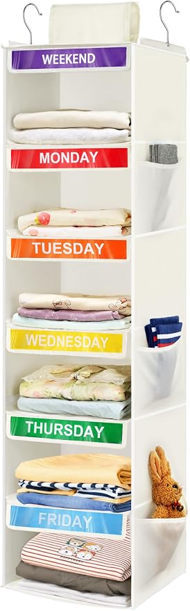 6-Shelf Weekly Clothes Organizer for Kids, Hanging Daily Closet Organization with 6 Side Pockets, Days of The Week Clothing Divider Storage for Boys and Girls (White) by Fivebop