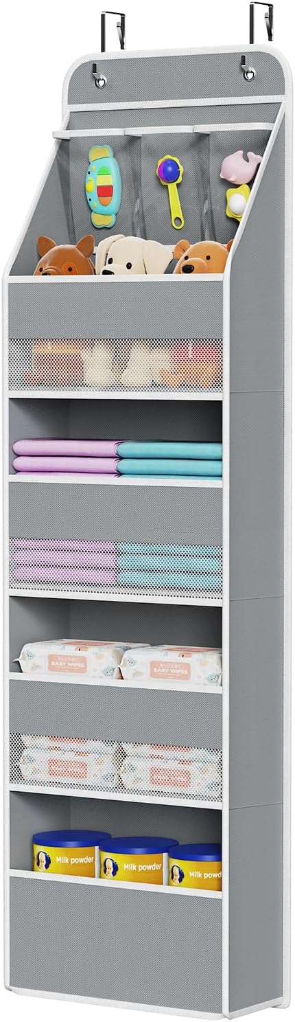 Univivi Fabric Over Door Hanging Organizer for Baby Nursery, Grey, 5-Shelf | Door Storage with Large Capacity Breathable Mesh Pockets, Closet Organizers and Storage for Baby Essential, Bedroom and Dorm by Univivi