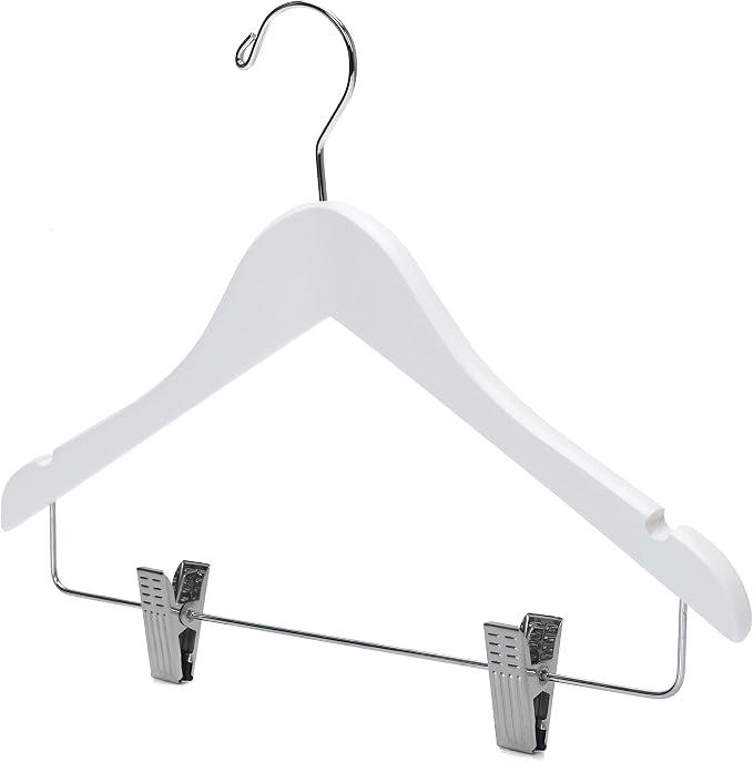 Quality Hangers 80 Pack Kids Skirt Hangers 14 Inches - Junior Preteen Youth Wooden Clothes Hanger with Curved Shoulder Swivel Chrome Hook Adjustable Metallic Clips & Nonslip Notches (White, 80) - Image 5
