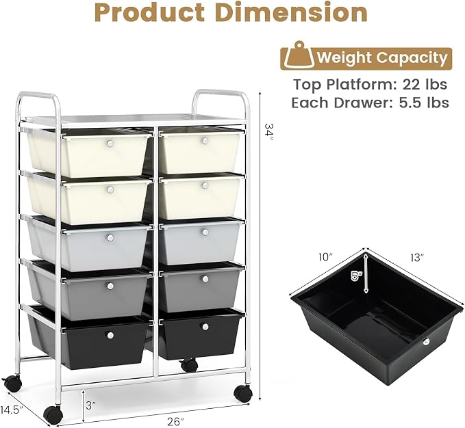 10 Drawer Rolling Cart, Storage Cart Organizer on Wheels, Drawer Cart with Metal Frame & Large Storage Capacity, Rolling Cart with Drawers for Living Room Classroom, Office - Image 3