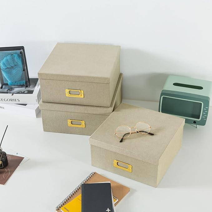 Soul & Lane - Light Gray Decorative Storage Boxes with Lids, Set of 3 | Square Stacking Kraft Photo Storage with Gold Label Holders, Nesting Cardboard Memory Boxes for Home Decor and Organizing - Image 3