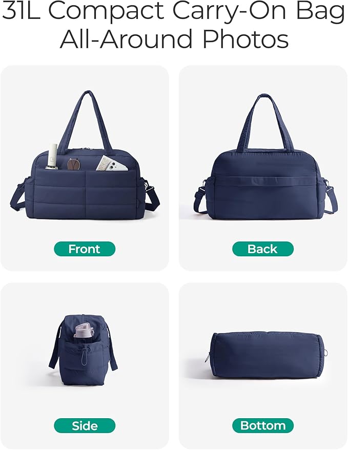 BAGSMART Gym Bag for Women, Lightweight Puffer Duffle Bag 2-PC Travel Bag, 31L Weekender Overnight Bag Quilted Carry On Tote Bag, Diaper Hospital Dance Bag for Travel, Gym, Water Resistant, Navy Blue - Image 5