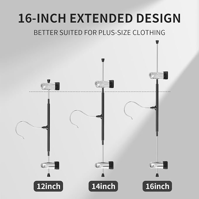 HUADYMEET 16 Inch Extra Wide Pants Skirt Hangers with Clips,Black,50 Pack | Metal,Extended-Length,Non-Slip,Adjustable,Heavy Duty Hanger for Jeans Shorts Clothes Slacks Trousers,For Adult Men Women - Image 3