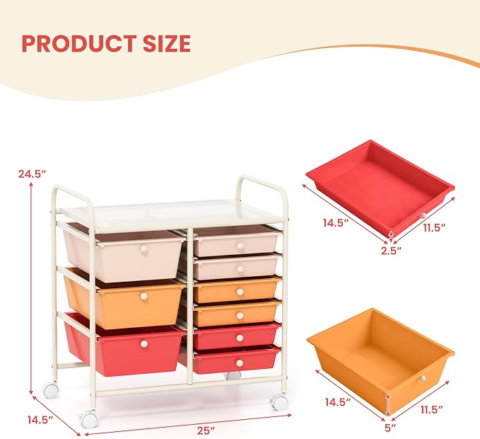 9 Drawer Rolling Storage Cart, Rolling Cart with Drawers for Classroom, Art Supply Craft Organizer on Wheel with Metal Frame & Handles for Home Office School - Image 3