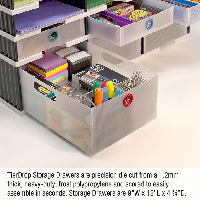 Ultimate Office TierDrop Storage Drawers, 9w x 12d x 4.75h, Set of 2, Clear | Color-coded finger rings for easy access to contents; stores desk accessories and supplies; designed for TierDrop organizers - Image 4