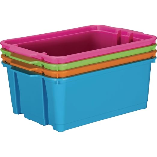 Really Good Stuff Stacking Bins, 14" x 10" x 5.75", 4-Pack, Neon | Stackable Storage Plastic Bins for Classroom Organization, Home Storage, Office & Hospital Supplies by ReallyGoodStuff