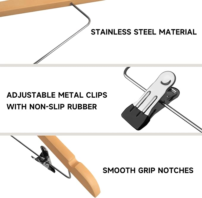 Wooden Hangers with Adjustable Metal Clips, 72-Pack, Natural | Solid Wood Hangers with 360° Rotatable Hook for Skirt, Dress, Coats, Jacket and Pants, Space-Saving and Non-Slip Design - Image 4
