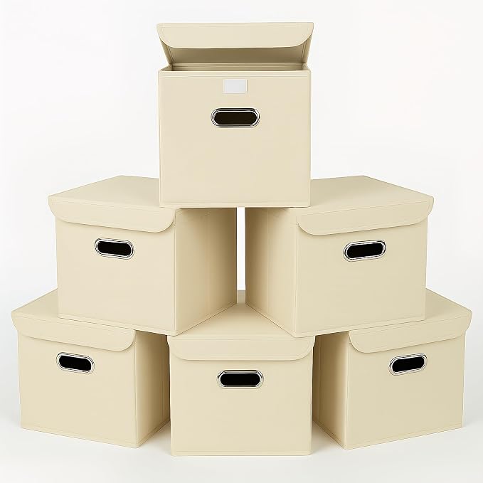 Closet Organizers Fabric Storage Bins With Lids Collapsible Cube Storage Organizer Basket With Handles,Storage Boxes for Clothes Storage,Office,Laundry,Shelves,6 Pack,（Creamy-White by SEVENDOME