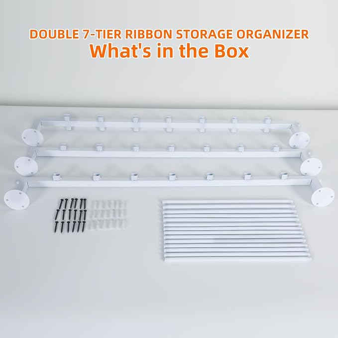 7-Tier Double Row Ribbon Storage Organizer , Wall Mounted Ribbon Organizer | 14 Removable Rods Craft Room Storage Rack. Perfect for Flower Shops, DIY Yarn, Gift Bags & Wrapping Paper Organization - Image 7