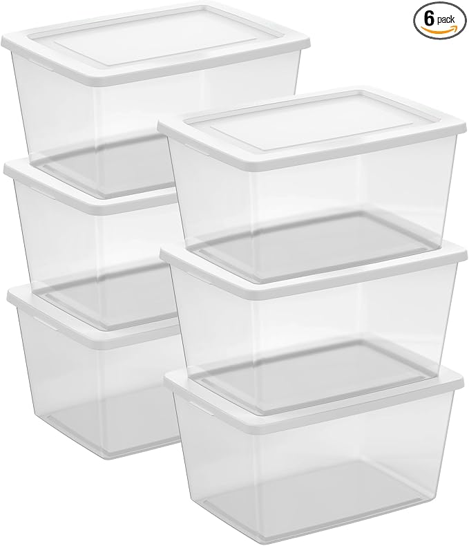 Sterilite Clear Storage Box Stackable Tote, 58 Quart, 6-Pack | Clear Plastic Container with Secure Snapping Lids for Home and Office Organization, White by Sterilite