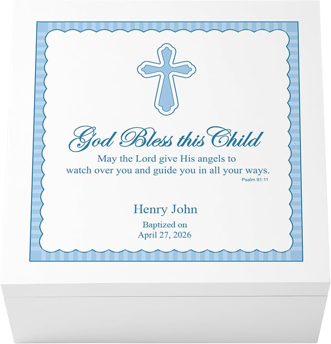 Let's Make Memories Personalized Keepsake Box for Blessed Child - Memories Box - Baptism - Confirmation - Memento Storage - For Boys - 6" Hx12 Sq - God Bless - Blue by LetsMakeMemories