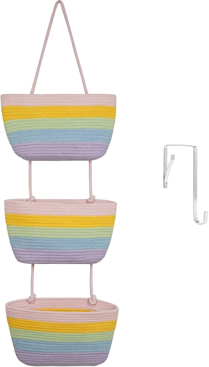 TeoKJ Over the Door Hanging Basket, 3-Tier Woven Cotton Wall-Mounted Storage Organizer Bag Decorative Hanging Nursery Baskets, Rainbow by TeoKJ