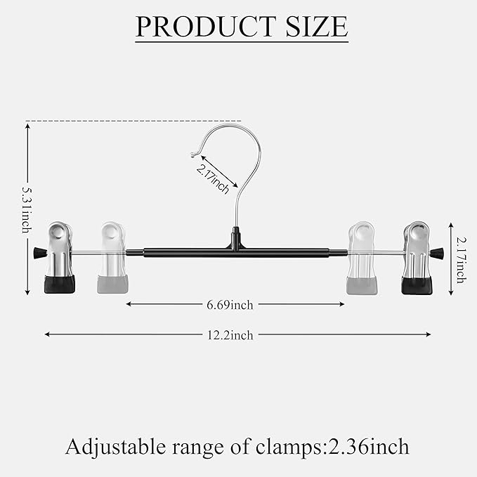 60 Pack 12 Inch Heavy Duty Pants Skirt Hangers with Clips,Black | Metal,Space Saving,Adjustable,Hanger for Jeans Shorts Clothes Slacks Trousers,For Adult,Men,Women,Children,Non Slip - Image 2