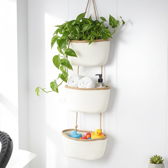 TeoKJ Over the Door Hanging Basket, 3-Tier Woven Cotton Wall-Mounted Storage Organizer Bag Decorative Hanging Nursery Baskets, White & Dark Brown - Image 6