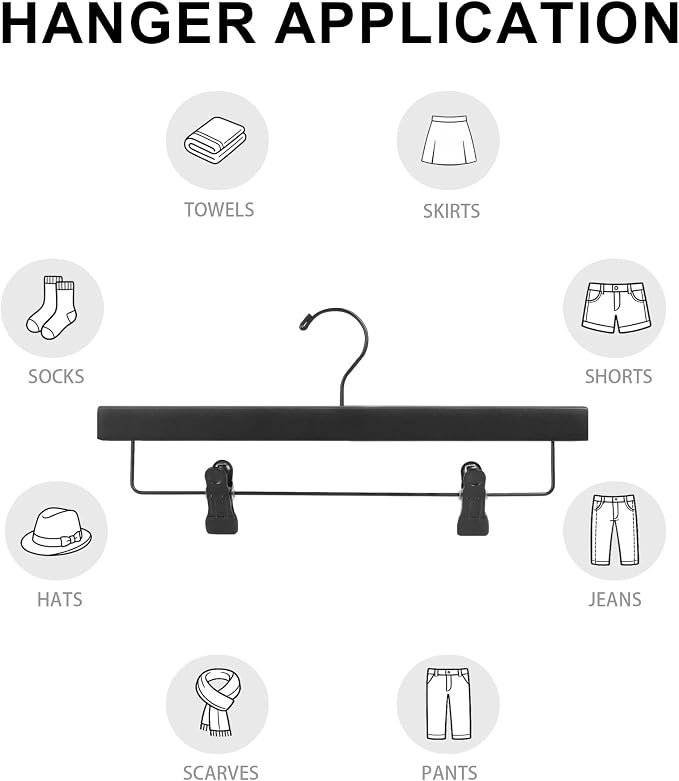 14" Wood Pants Hangers with Adjustable Non-Slip Clips, Black, 12-Pack | Solid Wood Material, Bottom Hangers with 360° Swivel Hook, Space Saving Hangers for Skirts, Slacks, Trousers, Jeans - Image 6