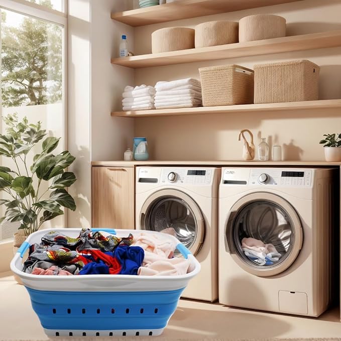 SAMMART 42L (11 gallon) Collapsible Plastic Laundry Basket - Foldable Pop Up Storage Container/Organizer - Portable Basket - Space Saving Hamper/Basket (2, White/Marine Blue) - Image 6