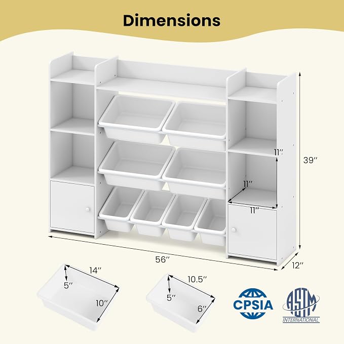 Costzon 56'' Kids Toy Storage Organizer with 8 Removable Bins, 4-Tier Toddler Bookshelf Cubbies, Preschool Children's Montessori Bookshelf w/6 Large Cabinet for Playroom, Daycare, Kids Room, Classroom - Image 2