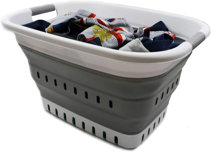 SAMMART 37L (9.77 gallon) Collapsible Plastic Laundry Basket - Foldable Pop Up Storage Container/Organizer - Portable Washing Tub - Space Saving Hamper/Basket (2, White/Grey) - Image 6