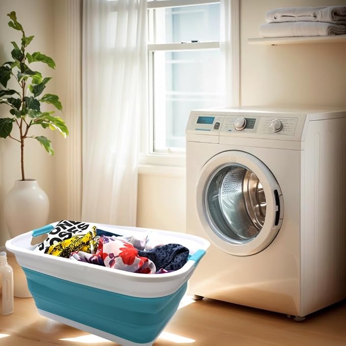 SAMMART 41L (10.8 gallon) Collapsible Plastic Laundry Basket-Foldable Pop Up Storage Container/Organizer-Portable Washing Tub-Space Saving, Water capacity: 32L (8.4 gallon) (Rectangular, Bright Blue) - Image 2