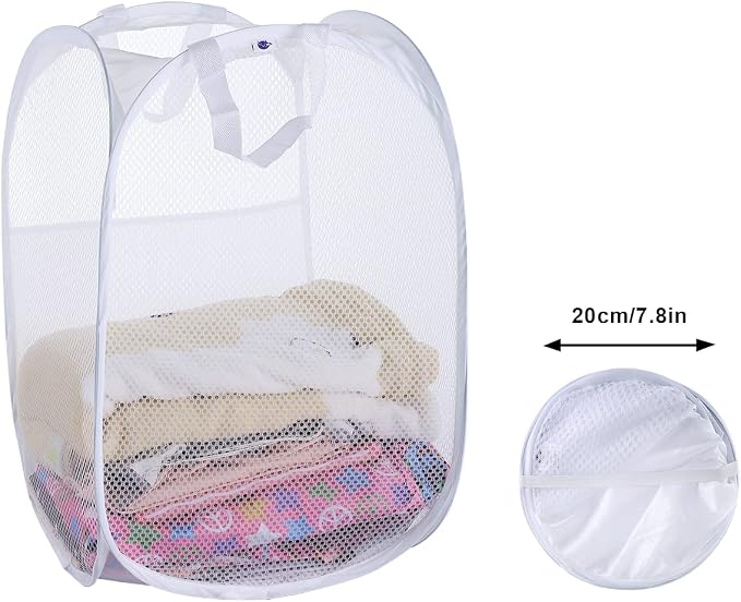 SUPNFOX 2 Pack Pop Up Mesh Laundry Baskets, Collapsible Washing Basket Popup Laundry Hamper, Foldable Laundry Bin Bag with Handles for Kids Room College Dorm Or Camping -White - Image 3