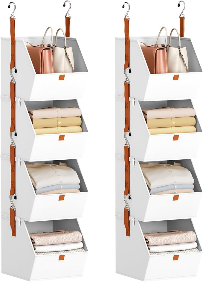 Hanging Closet Organizer 4 Tier - Clothes Hanging Shelves, Space-Saving Closet System, Fabric Storage Bins Bedroom Organization, Collapsible Baskets for Home, Dorm, Rv, White, 8 Pack by Homsorout