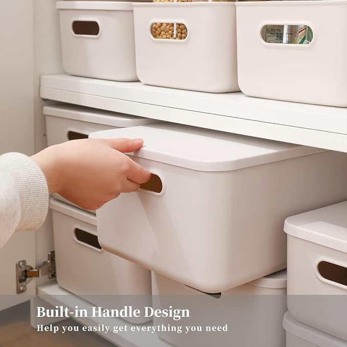 Yishyfier Plastic Storage Baskets With Lid Organizing Container Lidded Knit Storage Organizer Bins for Shelves Drawers Desktop Closet Playroom Classroom Office (M+2S, Light grey) - Image 3