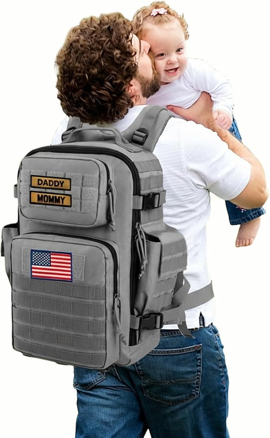 SHARKMOUTH Baby Diaper Bag for Dad - Military Diaper Backpack with Patches for Outdoor Hiking Travel Camping Park - Baby Shower Gifts Gray by SHARKMOUTH