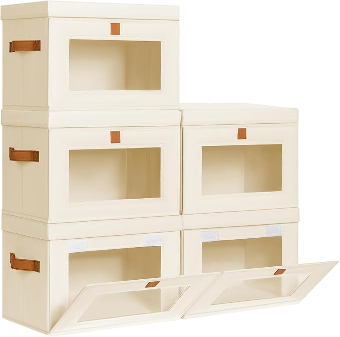 DIMJ Storage Bins with Lids - 5 Pack Front Opening Stackable Fabric Storage Boxes with Clear Window & Handles, Collapsible Closet Organizers for Clothes, Sweaters, Shelf Storage, Bedroom, Beige by DiMJ