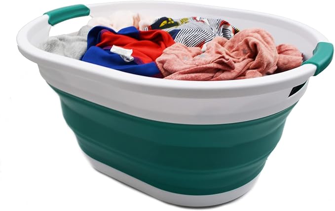 SAMMART 32L (8.4 gallon) Collapsible Plastic Laundry Basket - Foldable Pop Up Storage Container/Organizer - Portable Washing Tub, Water Capacity: 24L (1, White/Dark Green) - Image 6