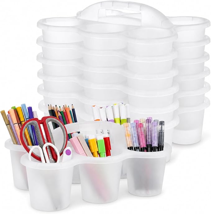 gisgfim 6 Pack Classroom Caddy Organizer with Handle, 6 Compartments, Clear | Stackable Plastic Table Caddies, 12x9x3.5 In, caddy Organizer for School Supplies, Crayons, Pencils, Crafts and Drink Cups by gisgfim