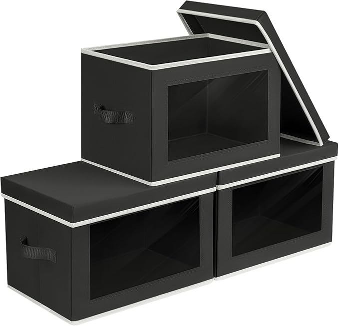Storage Boxes with Lids - 3 Pack Fabric Clear Window Storage Bins, Collapsible Storage Bins with Lids, Linen Closet Organizer for Clothes, Towel, Blanket, Black by Homsorout