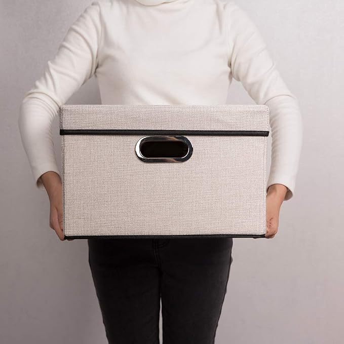 Foldable Storage Bin with Lid [3-Pack] Linen Fabric Decorative Storage Box Organizer Container Basket Cube with Handles Divider for Closet Office Living Room Light Grey(14.9x9.8x9.8) - Image 7