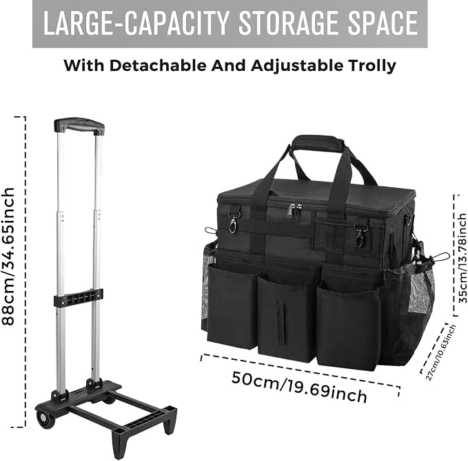 SCAVATA Rolling Cleaning Caddy Bag with Detachable Trolley, Large Cleaning Supplies Organizer with Wheels, Multi Pocket Cleaning Cart with Adjustable Shoulder Strap for Housekeepers & Home Use, Black - Image 5